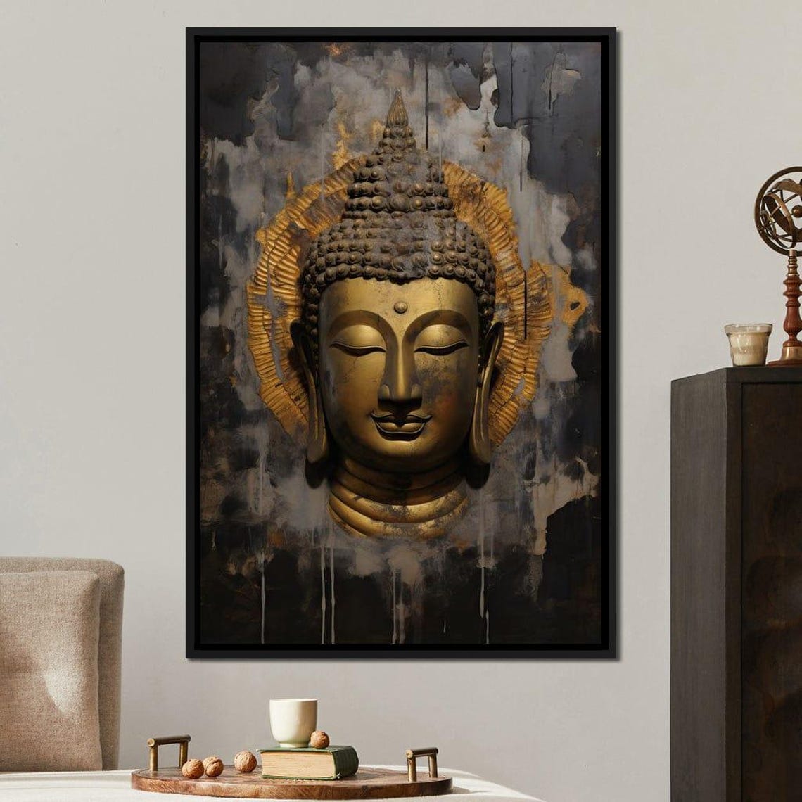 Golden Buddha Head Dark Abstract Zen Meditation Spiritual Wall Art
