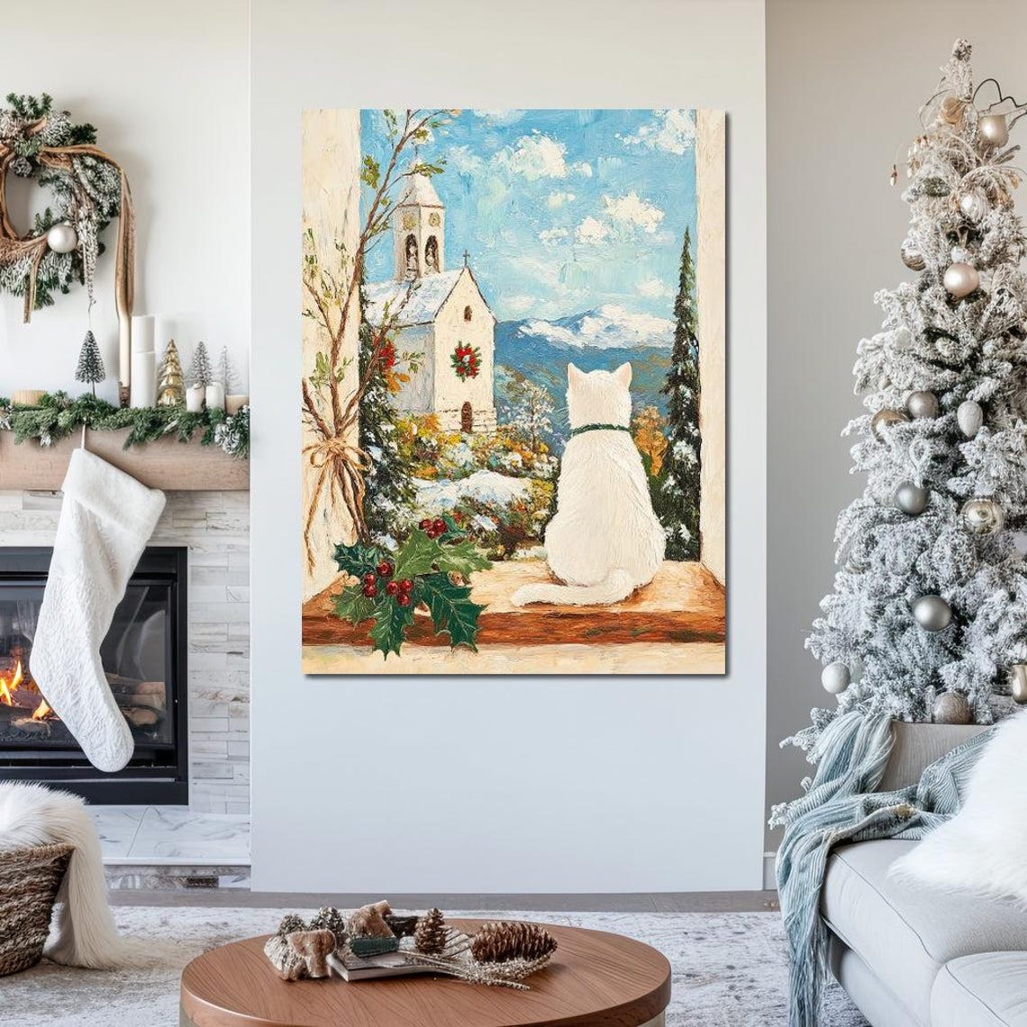 White Cat At Window Watching Snowy Chapel With Wreath Winter Poster - Image 3