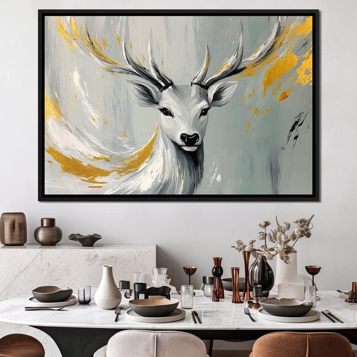 Serene White Stag Portrait with Golden Leaf Brushstrokes Poster - Image 3