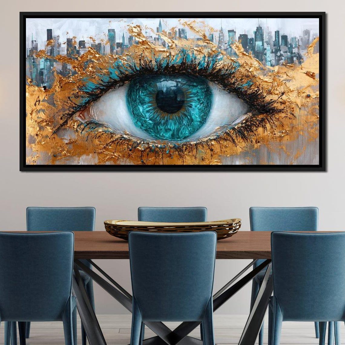 Turquoise Eye Skyline Five Panel Gold Canvas Modern Statement Poster - Image 3