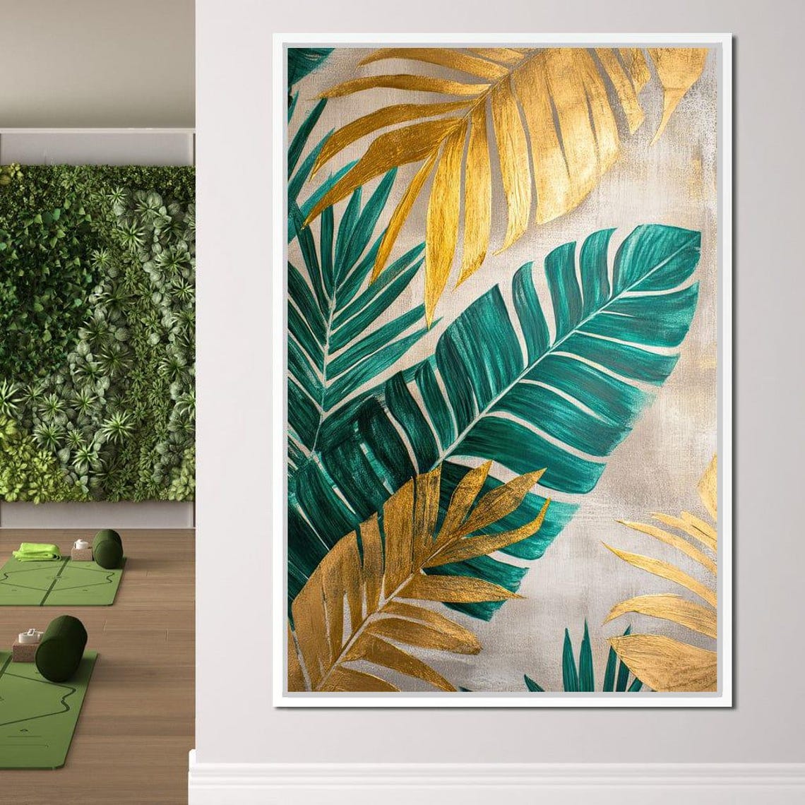 Golden Palm Leaves Teal Fronds Grey Luxe Tropical Botanical Print