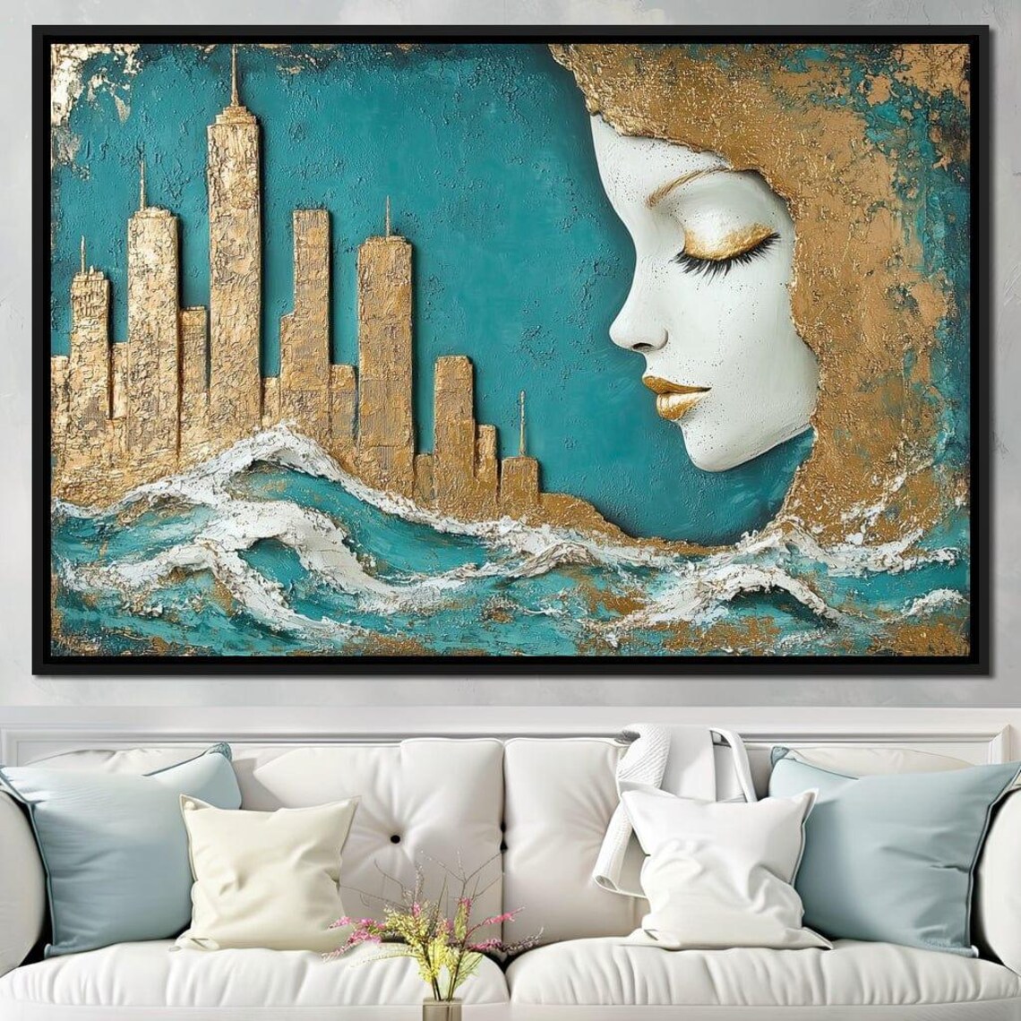 Gold City Skyline Teal Waves White Woman Profile Surreal Dream Poster - Image 4