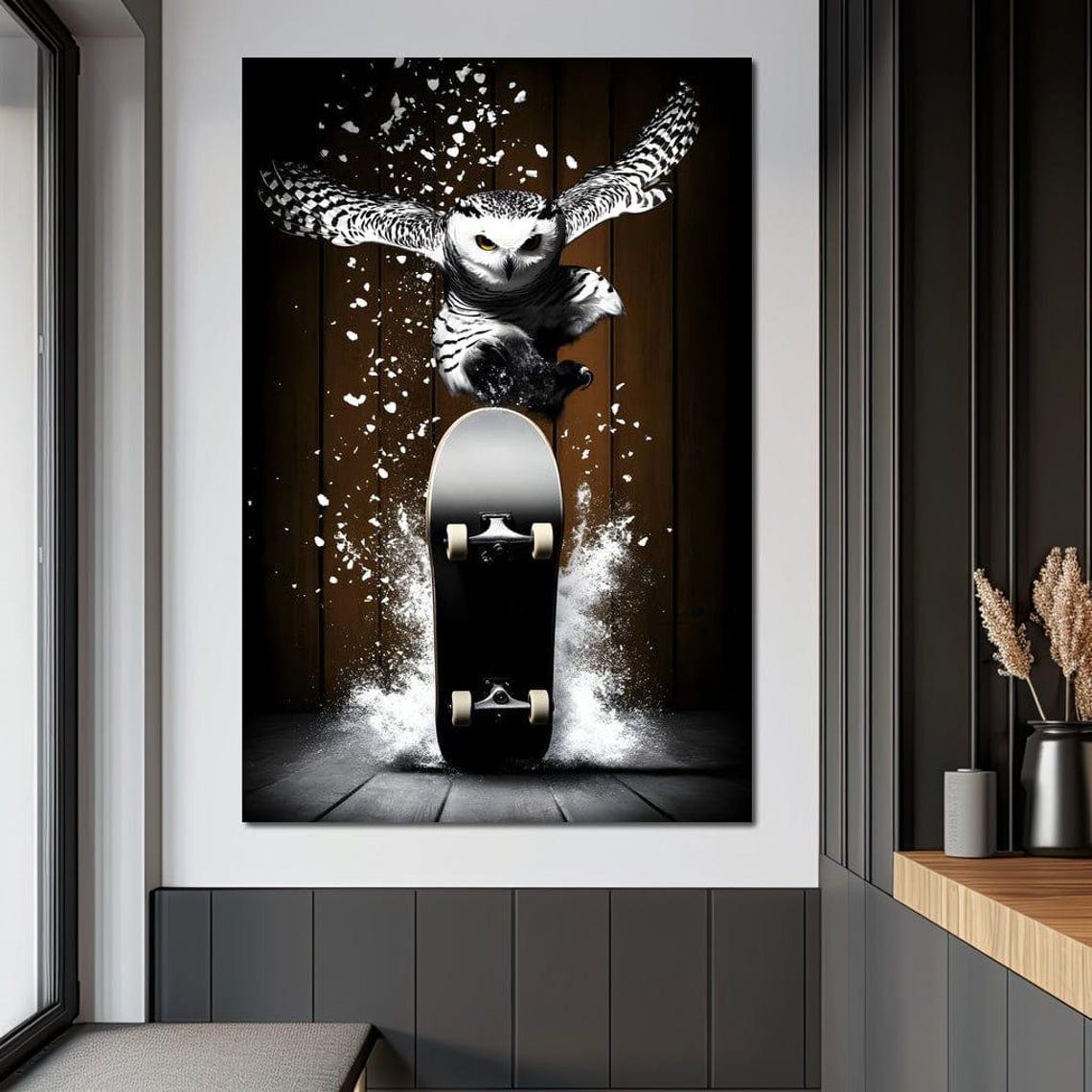 Snowy Owl Bursting Through a Skateboard in a Midair Trick Poster - Image 4