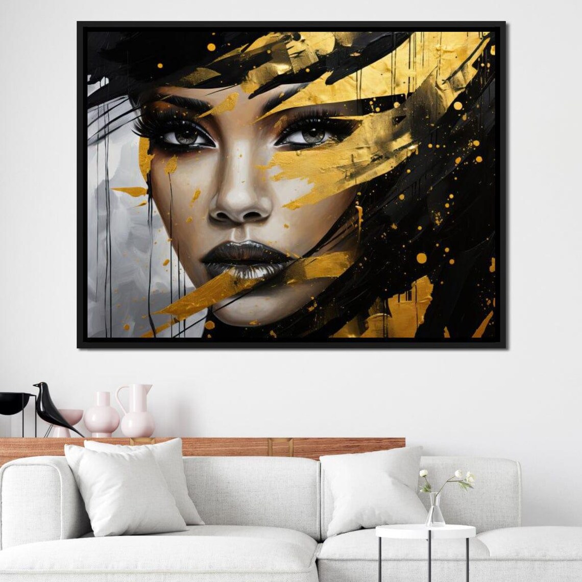 Black Gold Urban Chic Woman Paint Splatter Face Dramatic Art Print - Image 3