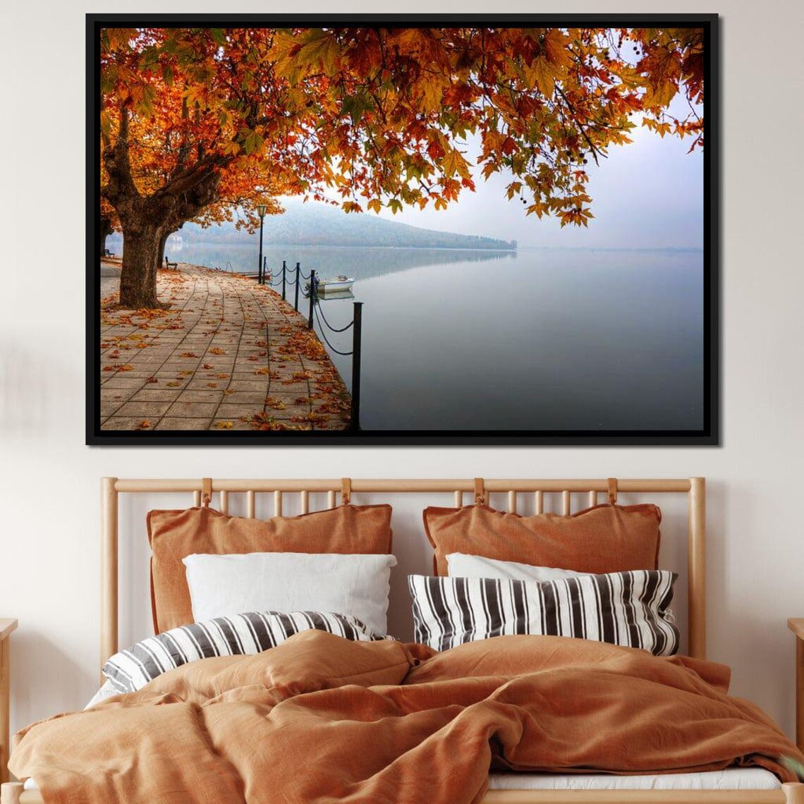 Autumn Lakeshore Promenade Red Plane Trees Misty Lake Travel Poster