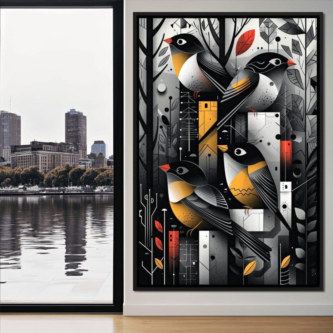 Geometric Autumn Songbirds Black Gold Red Modern Bird Art Wall Poster - Image 4