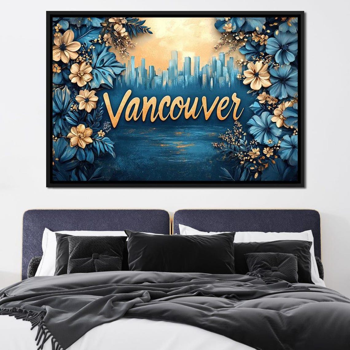 Vancouver Gold Script Blue Floral Cityscape Sunset Skyline Poster - Image 2