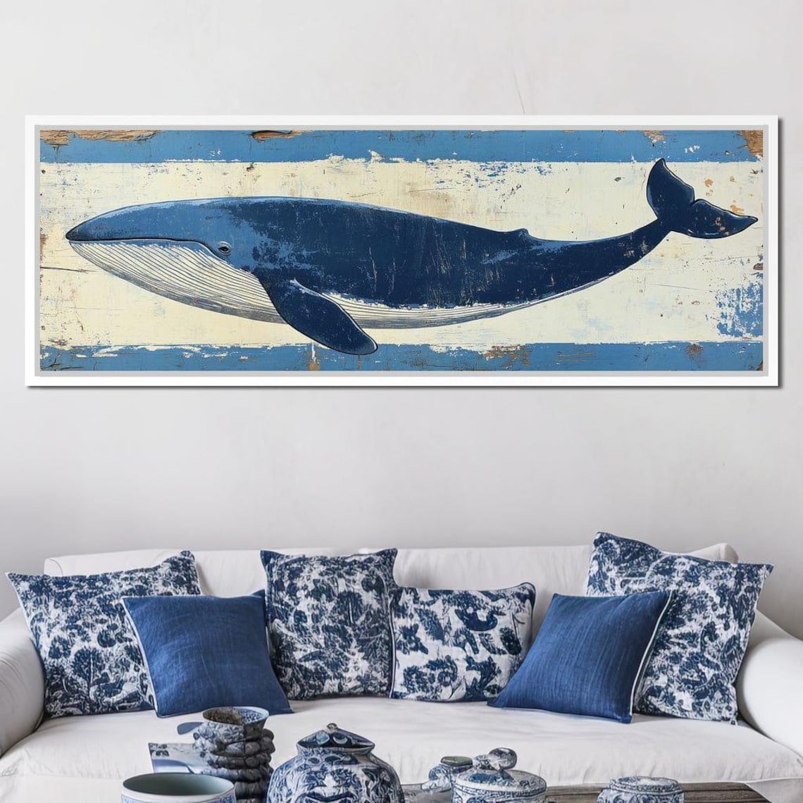 Blue Whale Vintage Nautical Distressed Wood Plank Coastal Ocean Wall Art - Image 2
