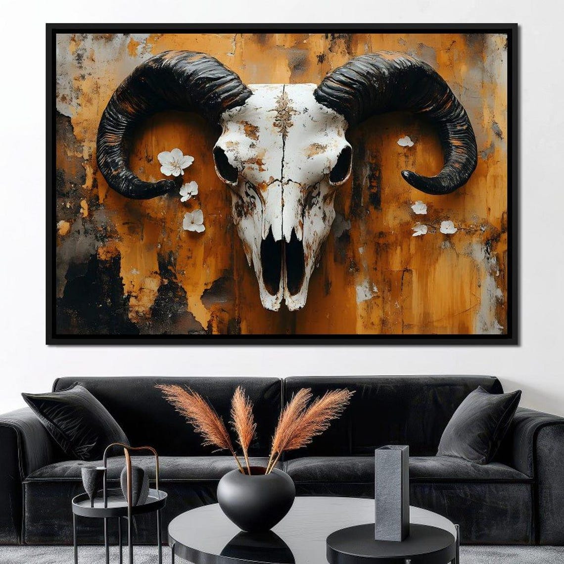Ram Skull with Curved Horns on Rustic Orange Abstract Wall Poster - Image 2