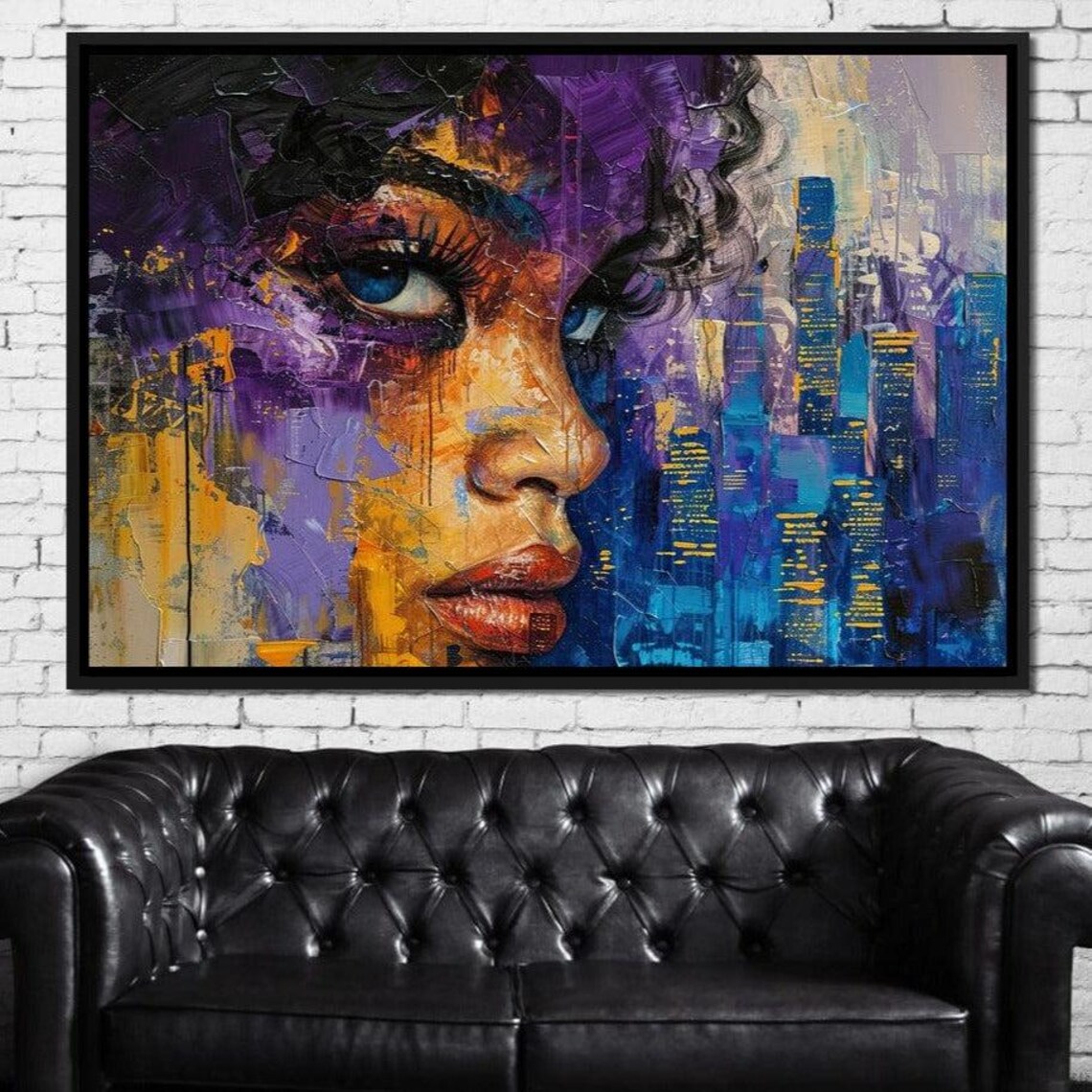 Purple City Night Skyline Woman Abstract Portrait Wall Art Poster - Image 3
