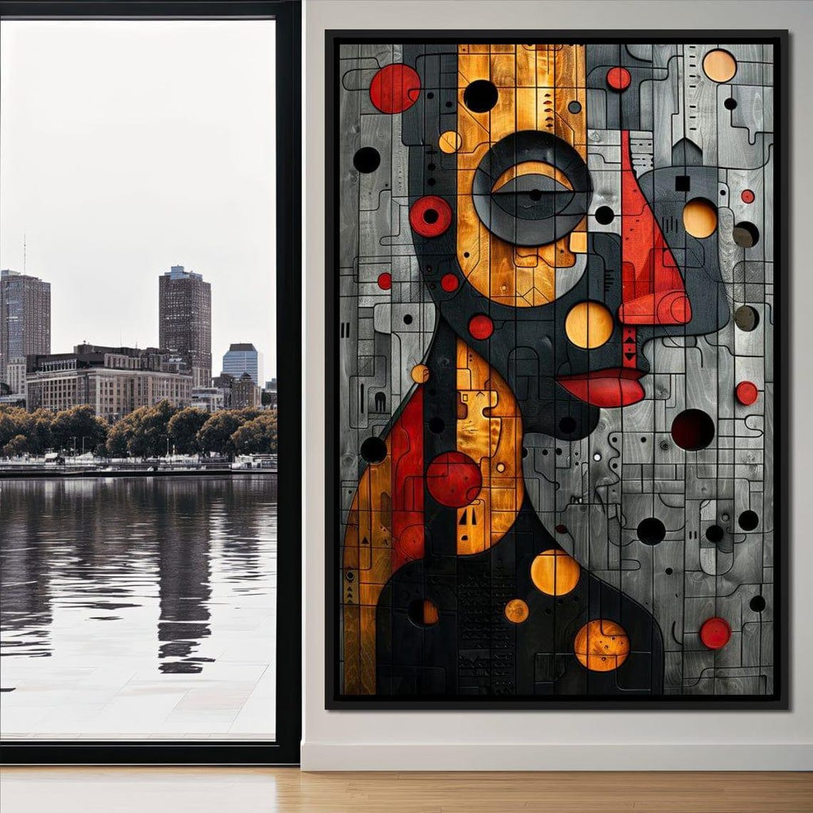Abstract Mosaic Face Silhouette Geometric Gray Red Orange Wall Art - Image 3
