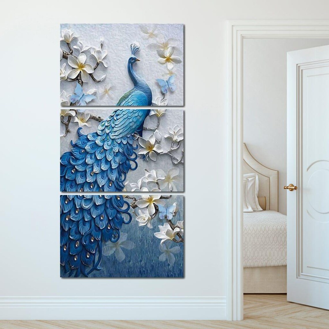 Blue Peacock Flower Set, Vertical Art Print - Image 3