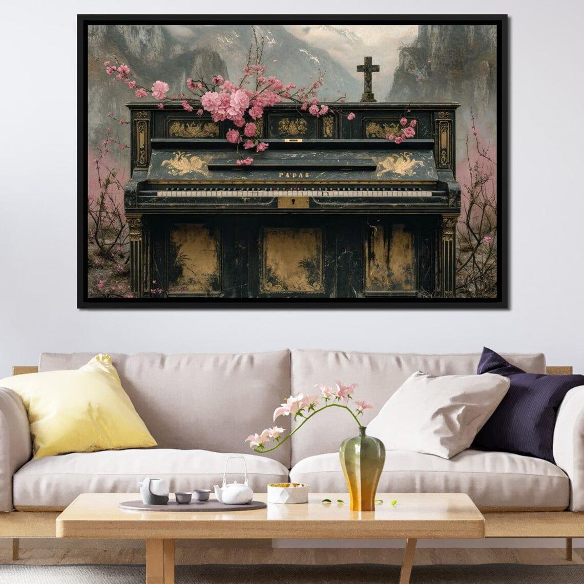 Antique Upright Piano Pink Cherry Blossoms Mountain Scene Art Poster - Image 3