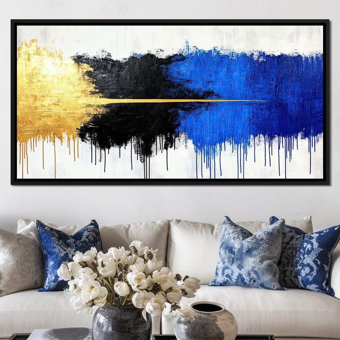 Gold Black Blue Abstract Dripping Paint Horizontal Canvas Poster