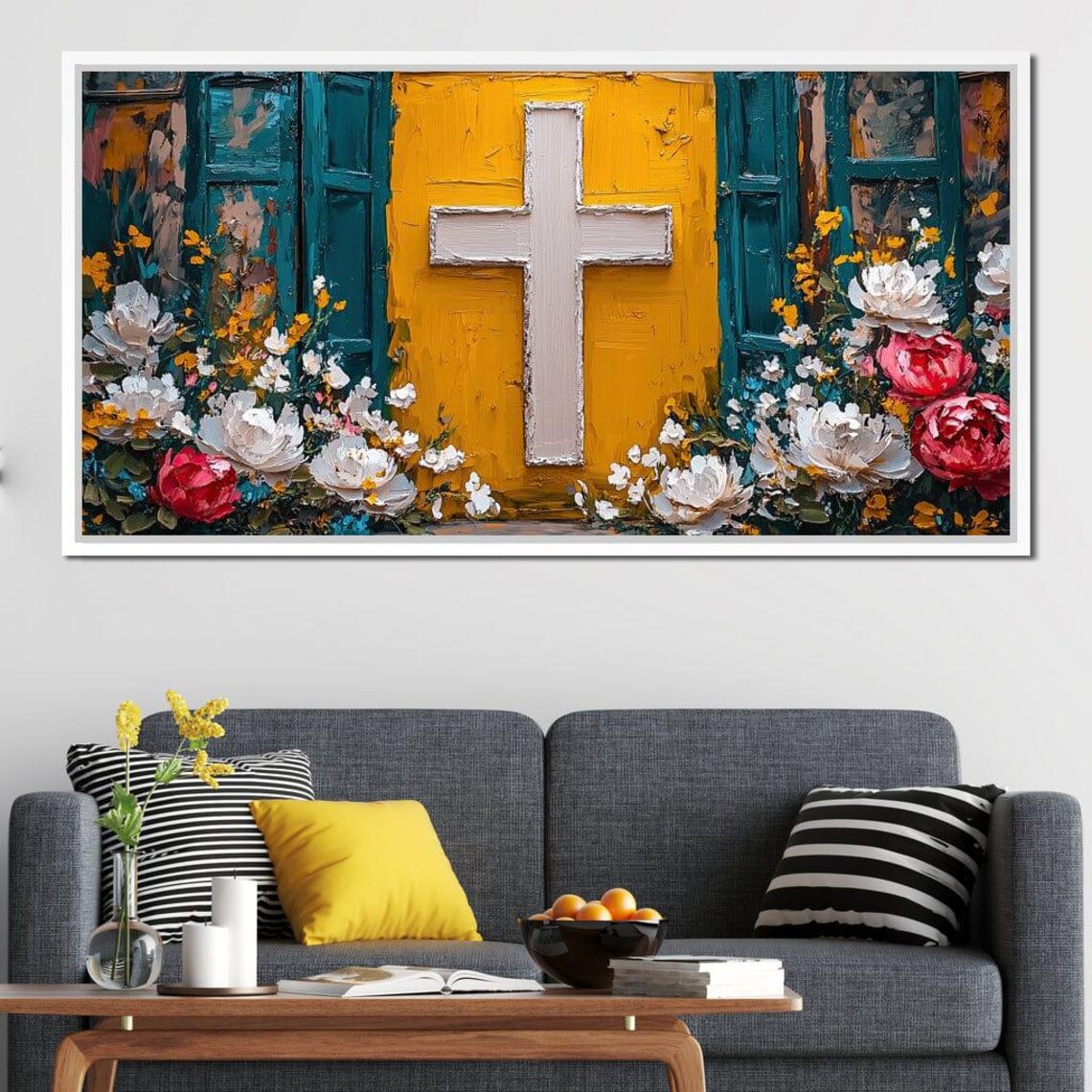 Christian Cross On Yellow Door Surrounded By Colorful Flowers Faith Wall Poster - Image 3