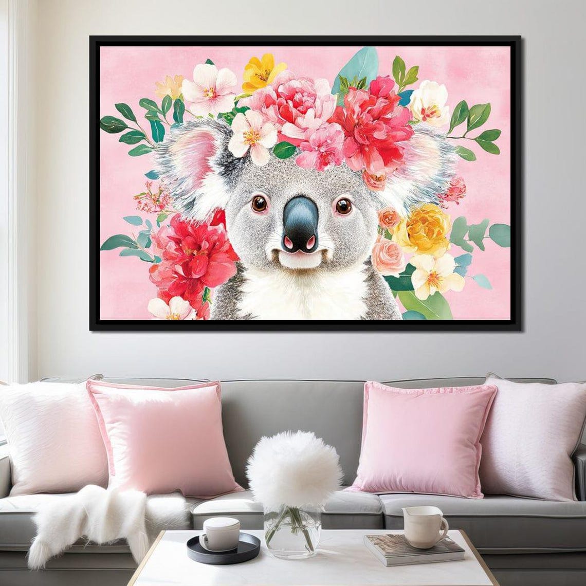 Cute Koala Floral Crown Pink Background Framed Australian Wall Art - Image 2