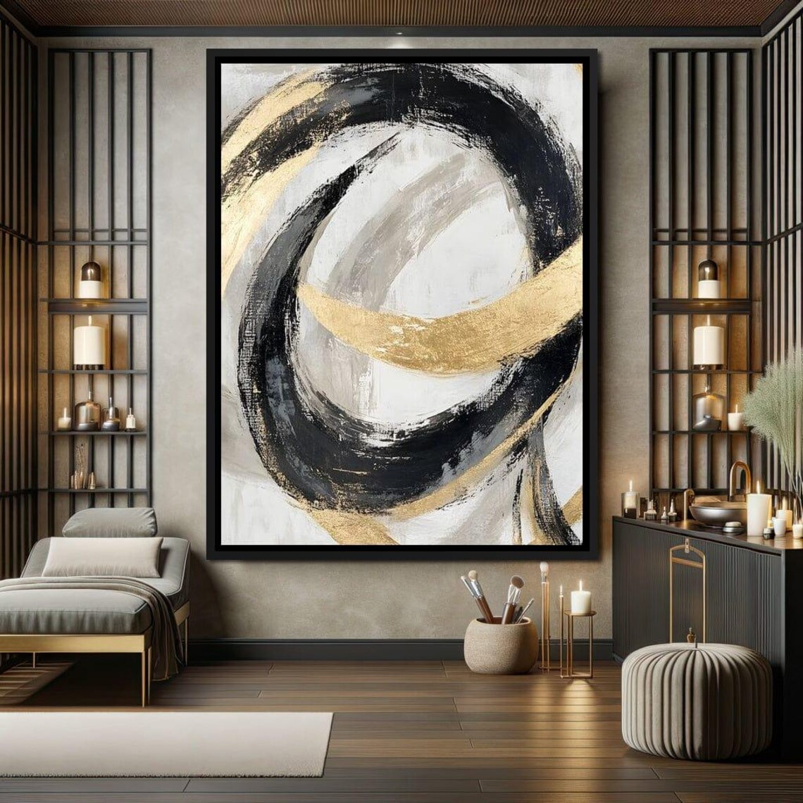 Black and Gold Circular Brushstroke Abstract Modern Wall Poster