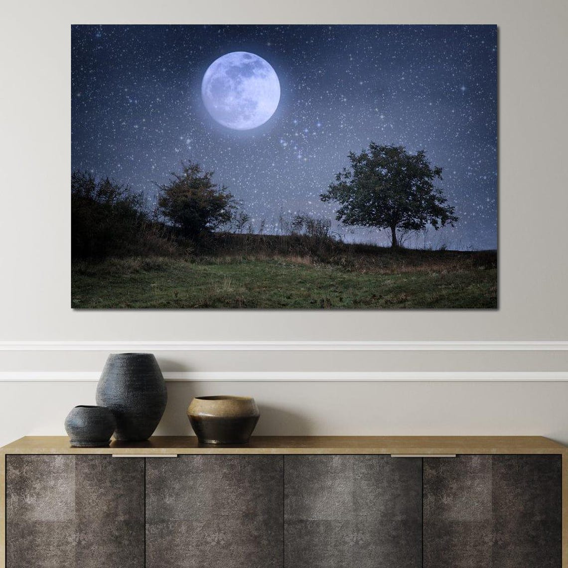 Full Moon Over Night Meadow Starry Sky Serene Moonlight Nature Poster - Image 3
