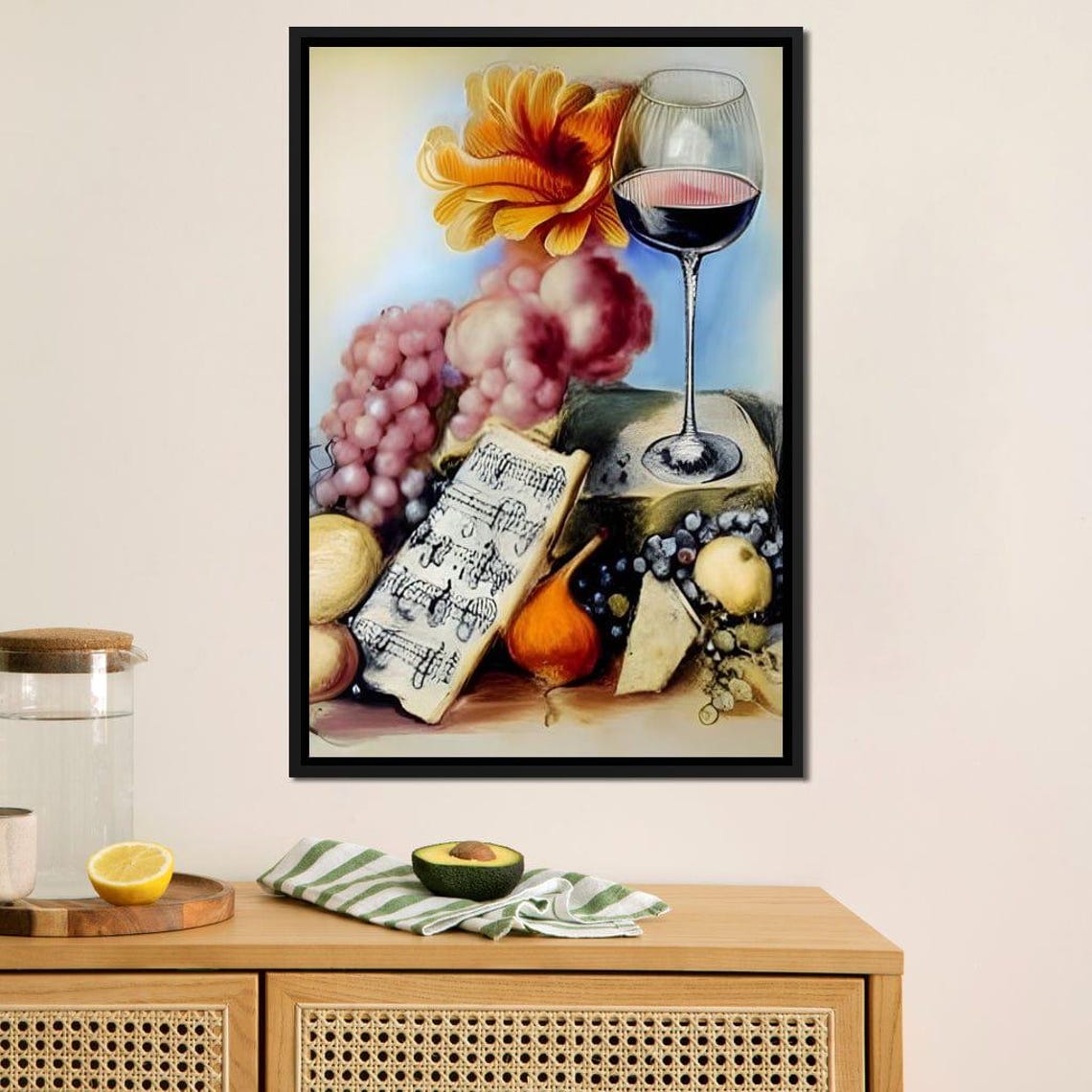 Red Wine Glass Sheet Music Fruit Still Life Classic Oil Print