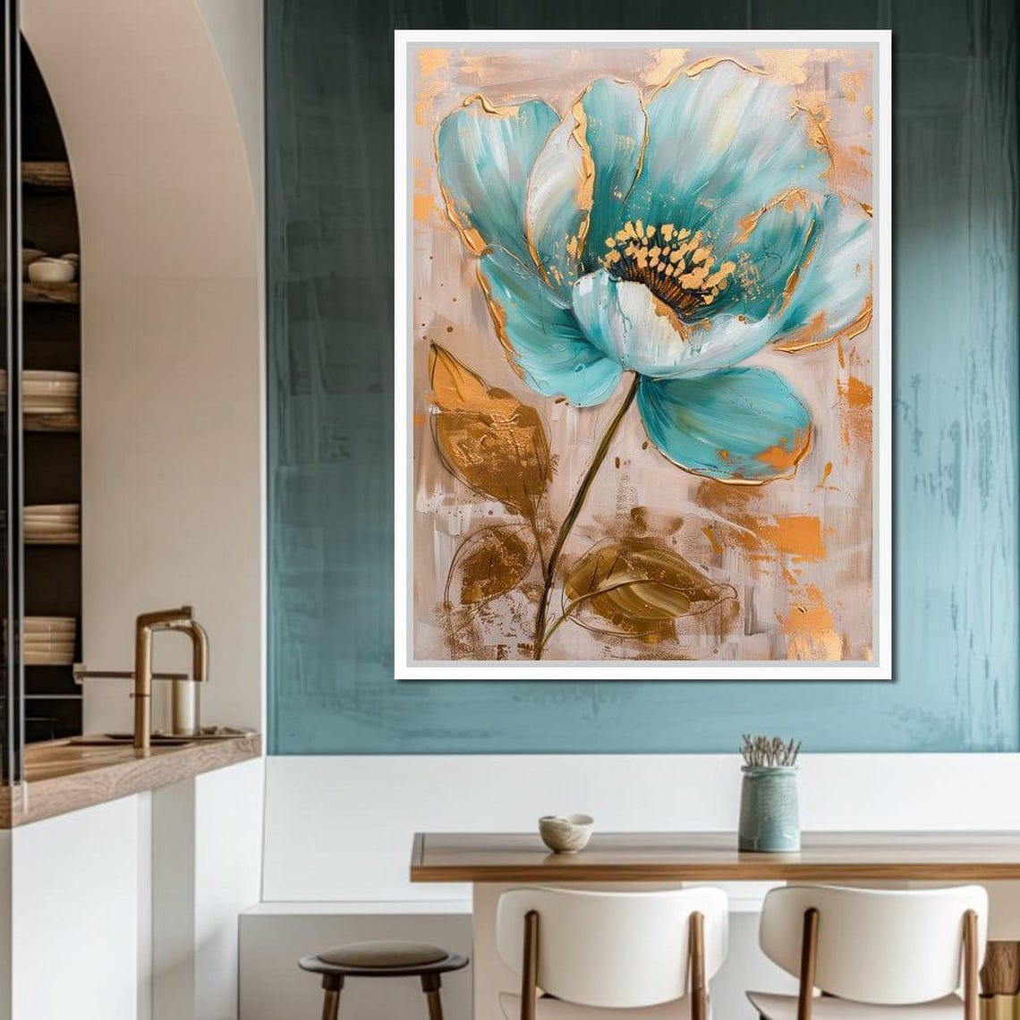 Teal Flower With Gold Accents Modern Botanical Abstract Wall Art Print