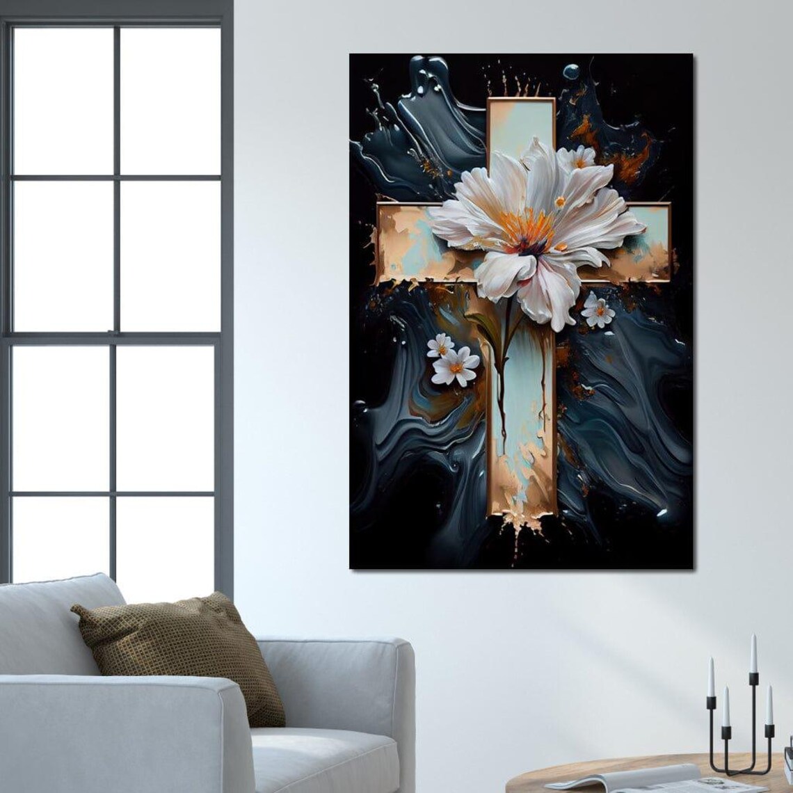 Golden Cross With White Flowers Dark Marble Spiritual Wall Art Poster - Image 2