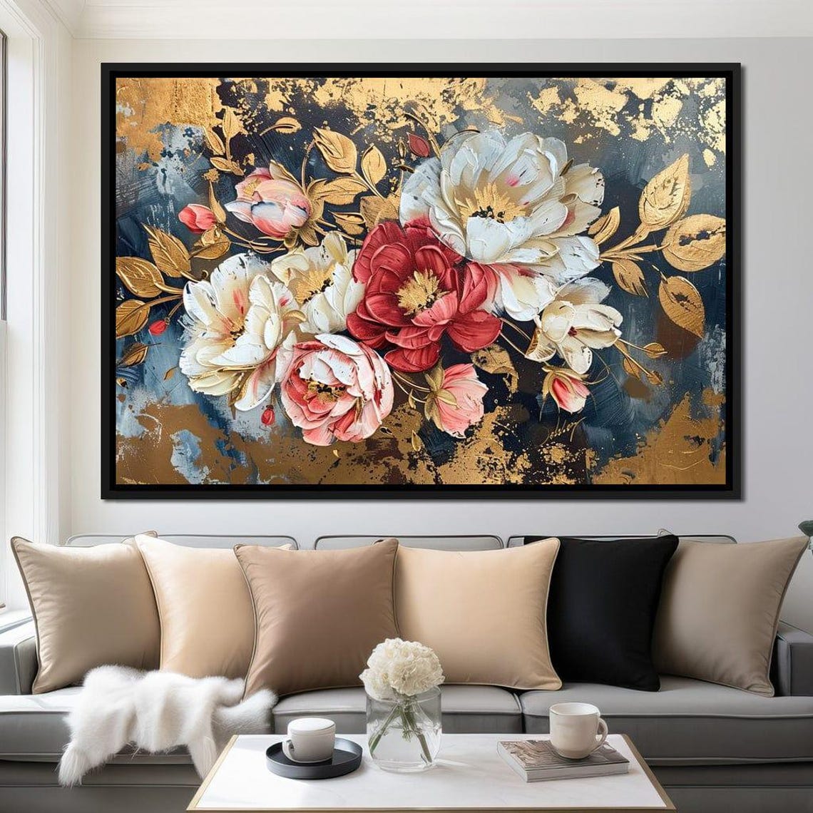 Red White Pink Peonies Gold Leaf Navy Luxury Botanical Print - Image 3