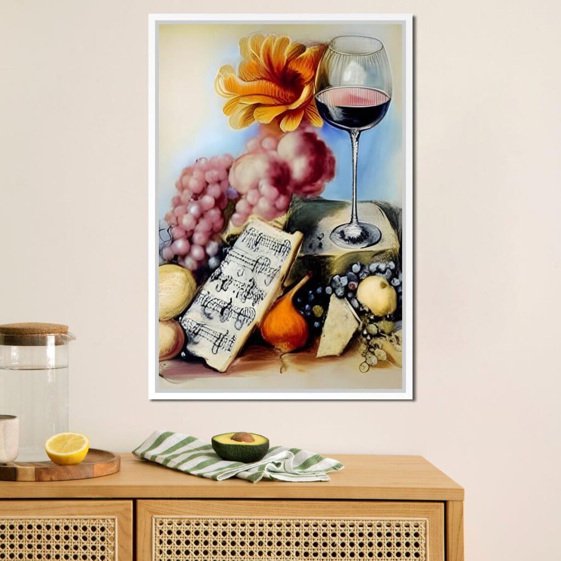 Red Wine Glass Sheet Music Fruit Still Life Classic Oil Print - Image 4