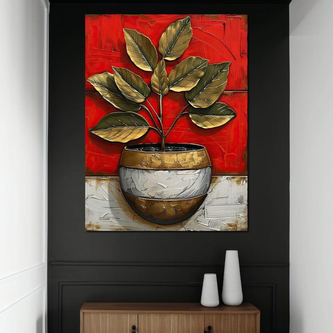 Golden Leaves Red Background Botanical Art Print Modern Plant Decor - Image 4