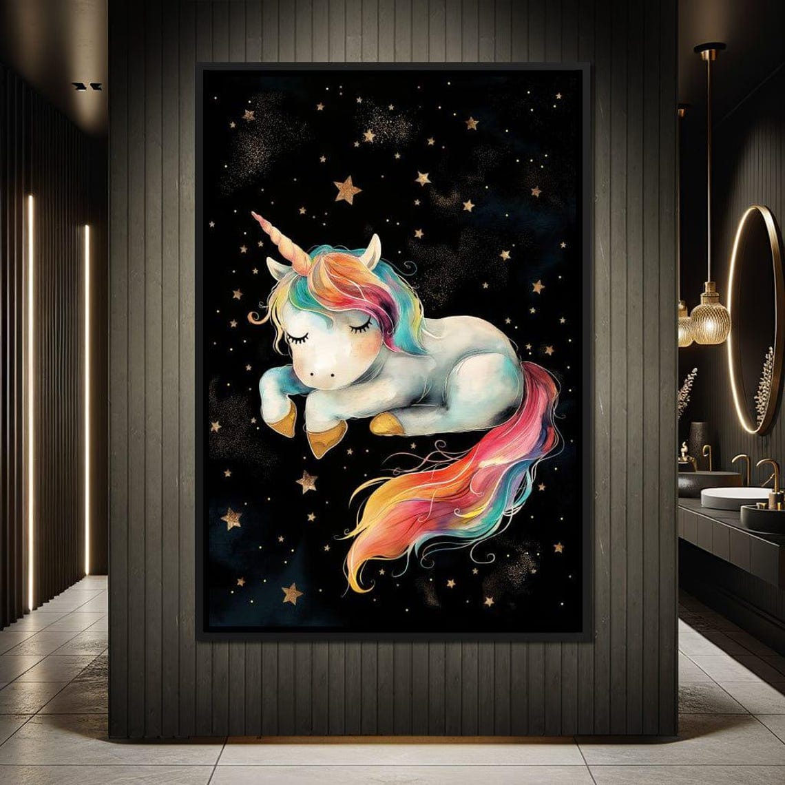 Sleeping Rainbow Mane Baby Unicorn Starry Night Sky Kids Poster - Image 3