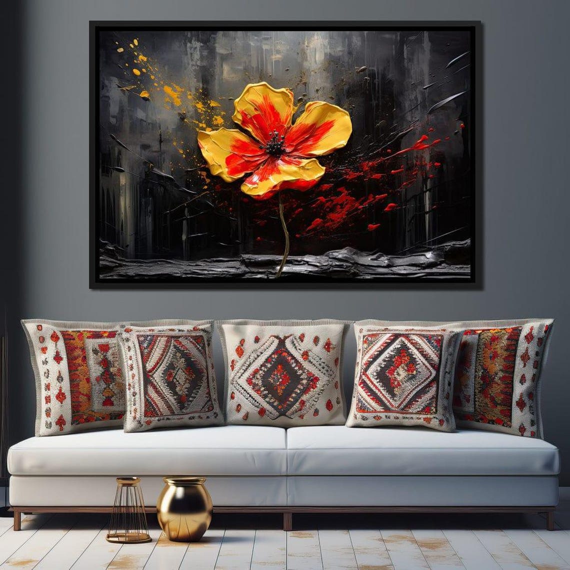 Red Yellow Poppy Abstract Splatter Dark Background Flower Print - Image 2