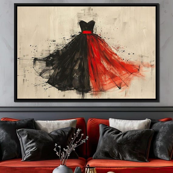 Elegant Dance Of Shadows Modern Wall Art Black And Red Dress Print Fashion Illustration Art For Stylish Home Decor By Nichecanvas