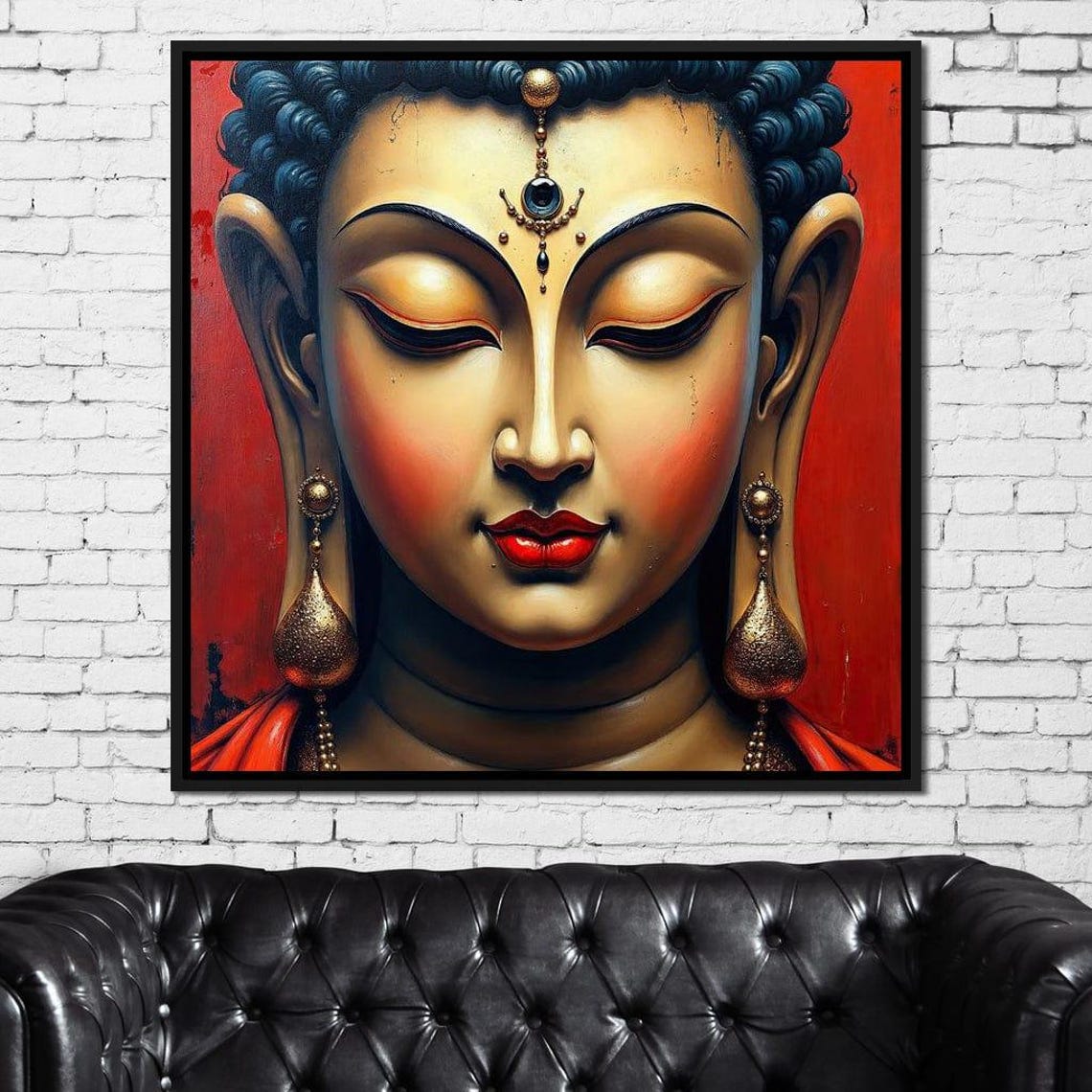 Serene Buddha Face Red Background Gold Robe Meditative Zen Art Poster - Image 4