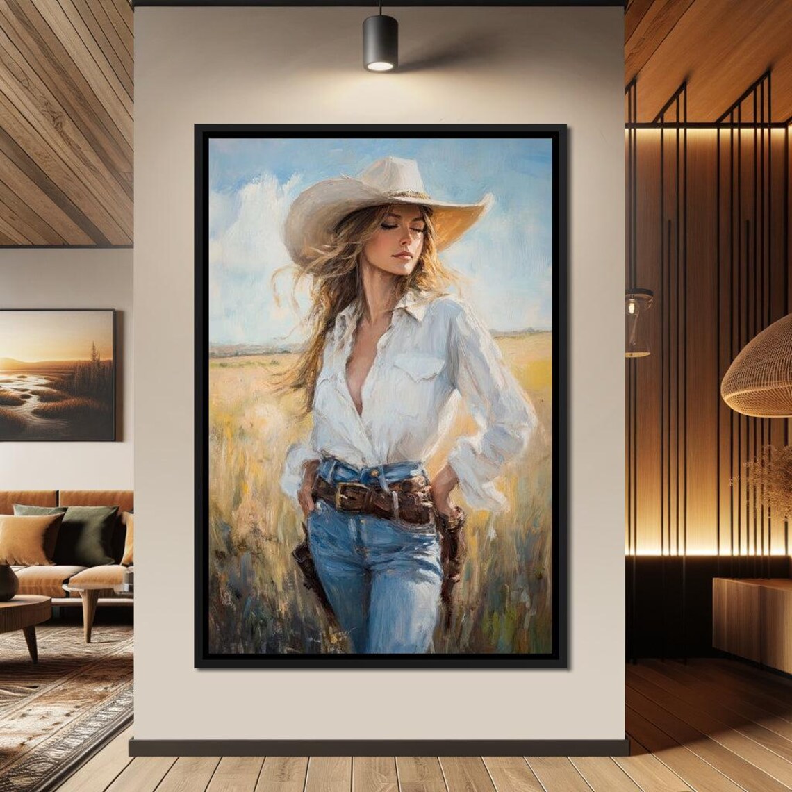 Sunlit Cowgirl White Hat Golden Wheat Field Western Art Poster - Image 4