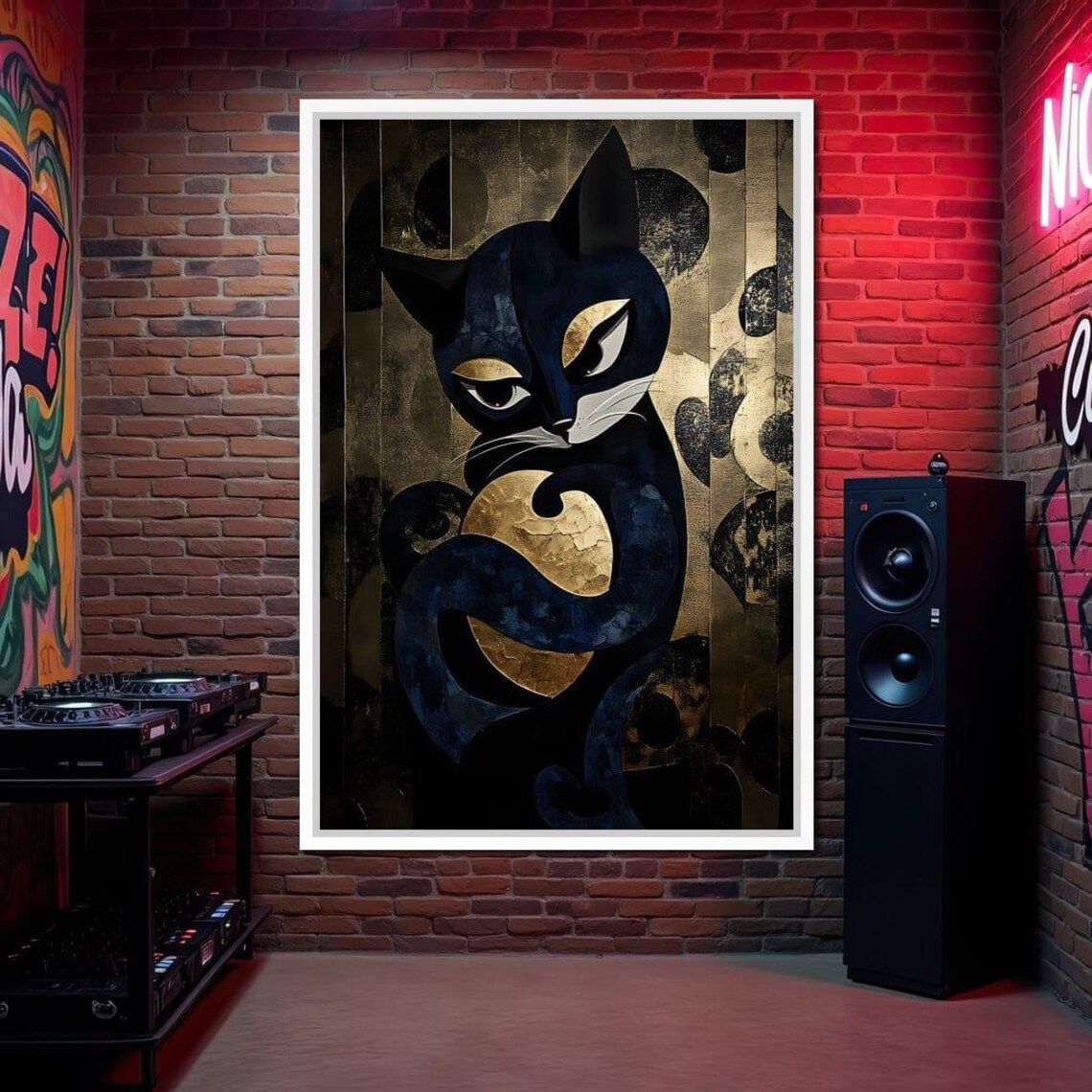 Black Cat and Golden Moon Stylized Modern Feline Art Deco Wall Art Poster - Image 2