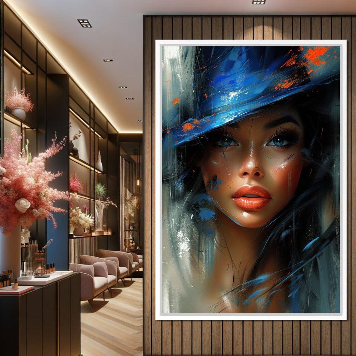 Mystic Blue Hat Beauty Sapphire Eyes Painterly Portrait Wall Art - Image 2