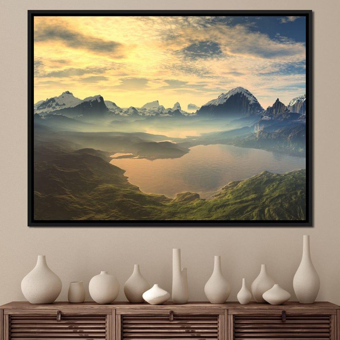 Golden Sunrise Mountain Lake Snow Peaks Misty Landscape Travel Poster - Image 2
