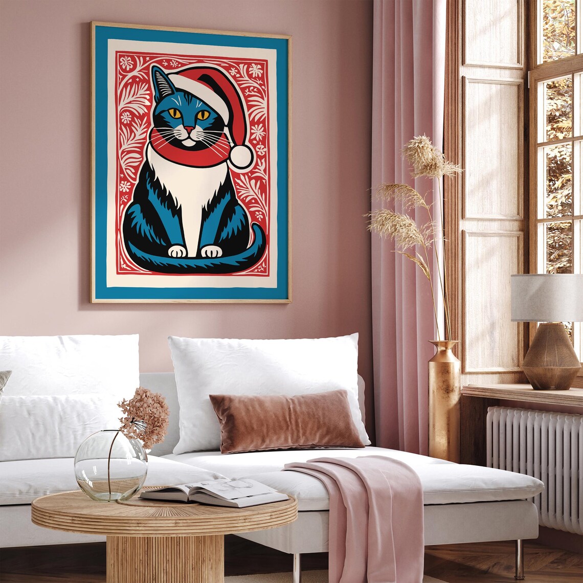 Blue Christmas Cat in Santa Hat Red Floral Folk Border Fun Poster - Image 2