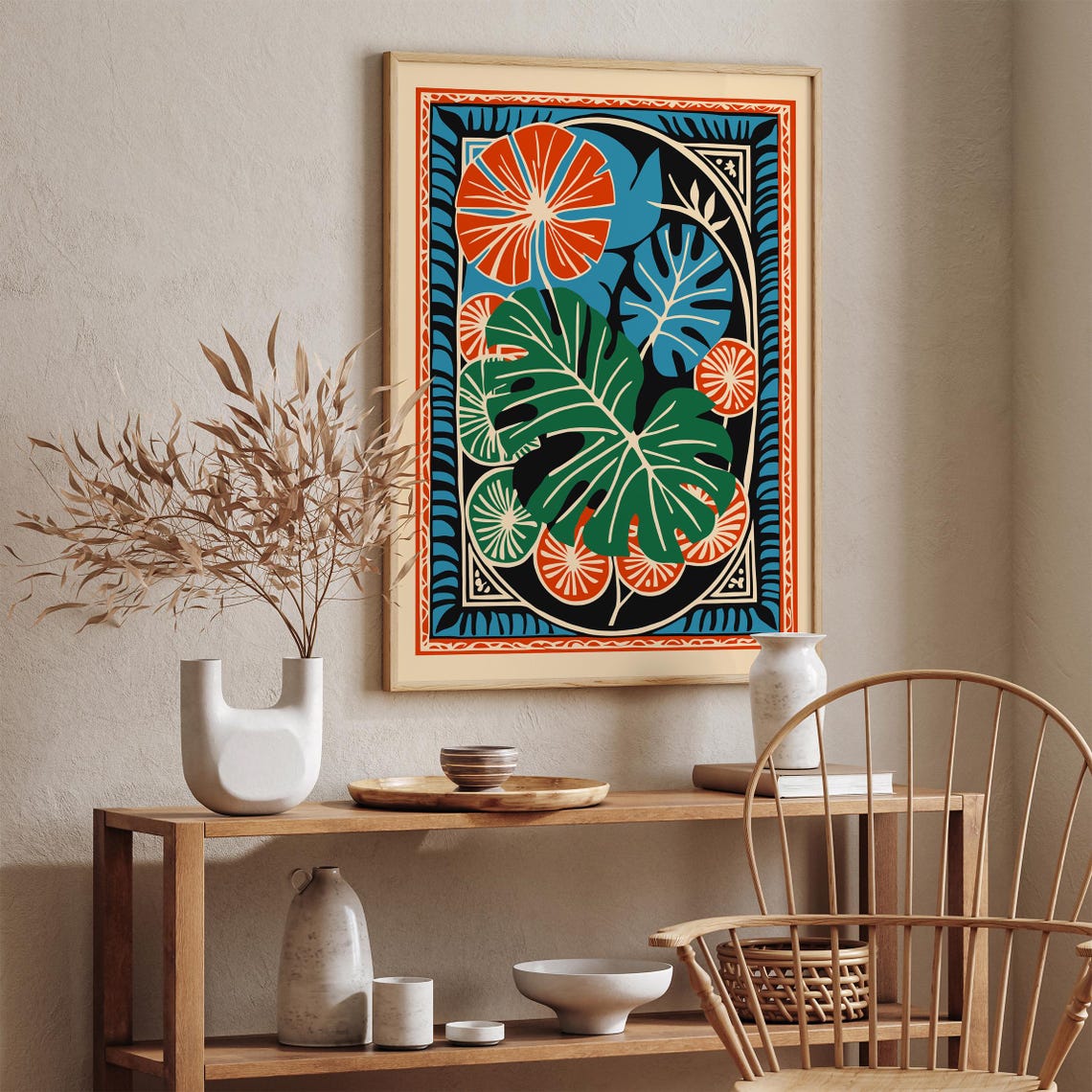Bold Tropical Monstera Leaves Orange Green Blue Boho Botanical Poster - Image 3