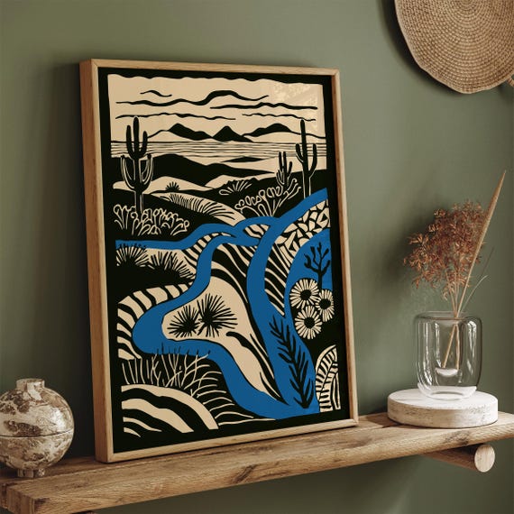 Abstract Texas Desert Landscape Poster Cactus River Mountain Scene In Bold Blue Black Modern Southwestern Wall Art Desert Print