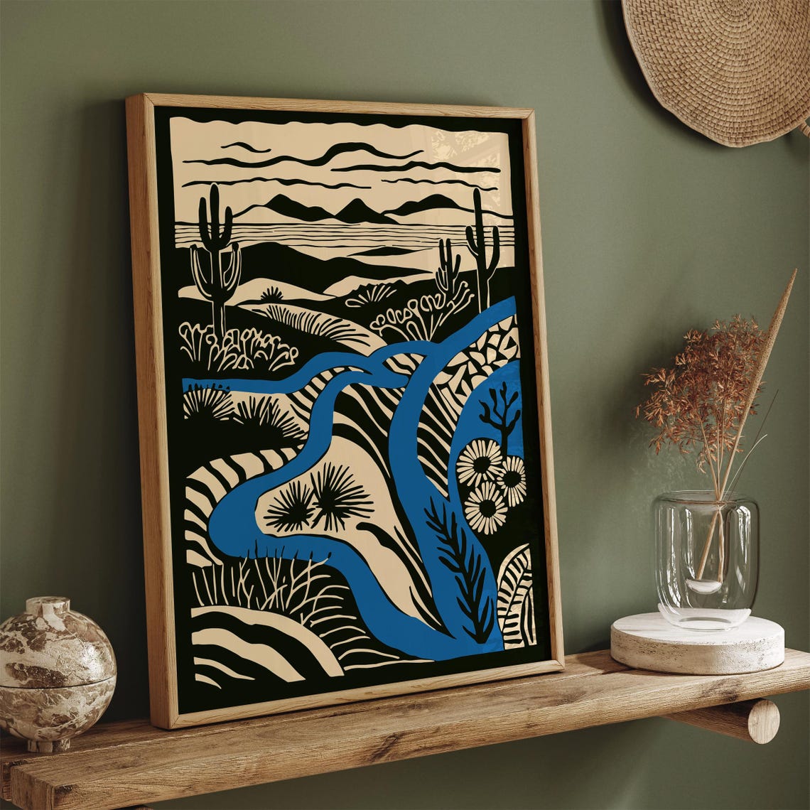 Linocut Blue River Saguaro Cactus Bold Desert Landscape Poster