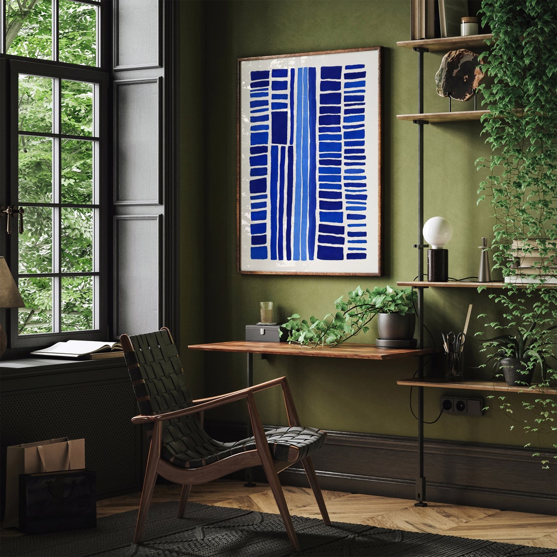 Abstract Indigo Blue Stripes and Blocks Modern Interior Poster - Image 2
