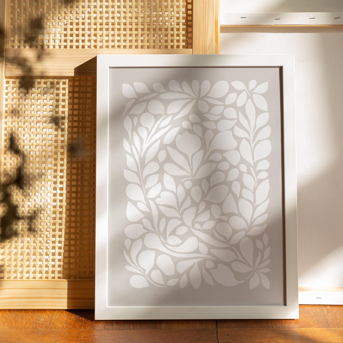 Minimalist White Botanical Poster with Leafy Paper Cut Design - Image 2