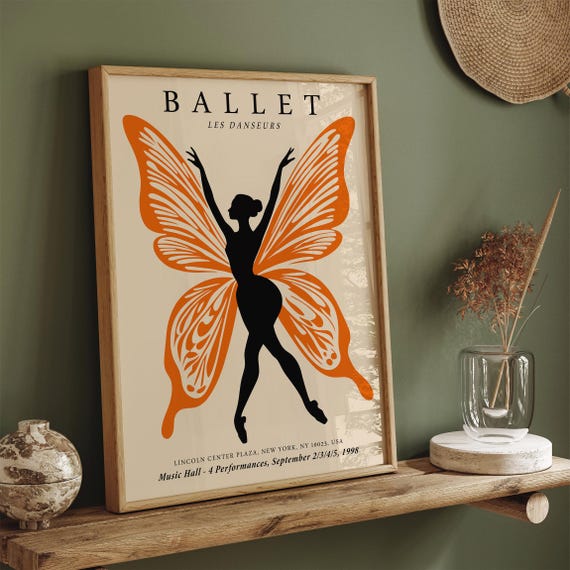 Ballet Performances Art Print With Orange Butterfly Dancer Elegant Ballerina Wall Decor Unique Dance Studio Artwork Ballet Lover Gift
