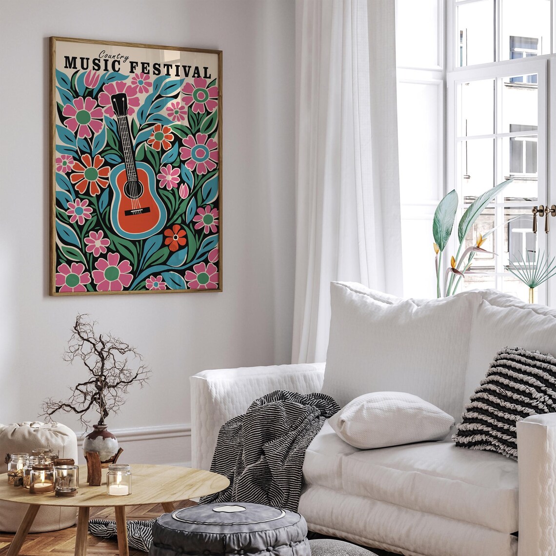 Country Music Festival Colorful Floral Guitar Retro Style Poster - Image 5