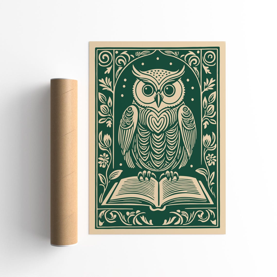 Green Linocut Owl Reading Book Whimsical Library Decor Poster