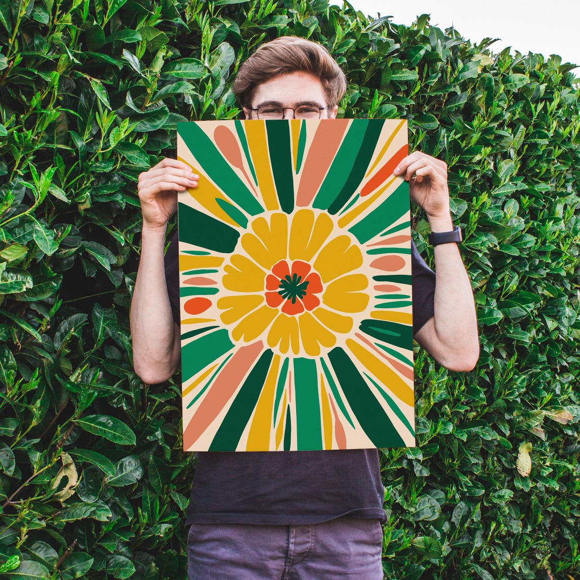 70s Retro Flower Sunburst Bold Yellow Green Floral Art Poster - Image 6
