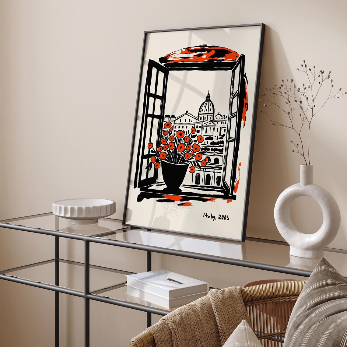 Italy 2003 Open Window Rome Dome Red Poppy Flowers Ink Sketch Poster - Image 3