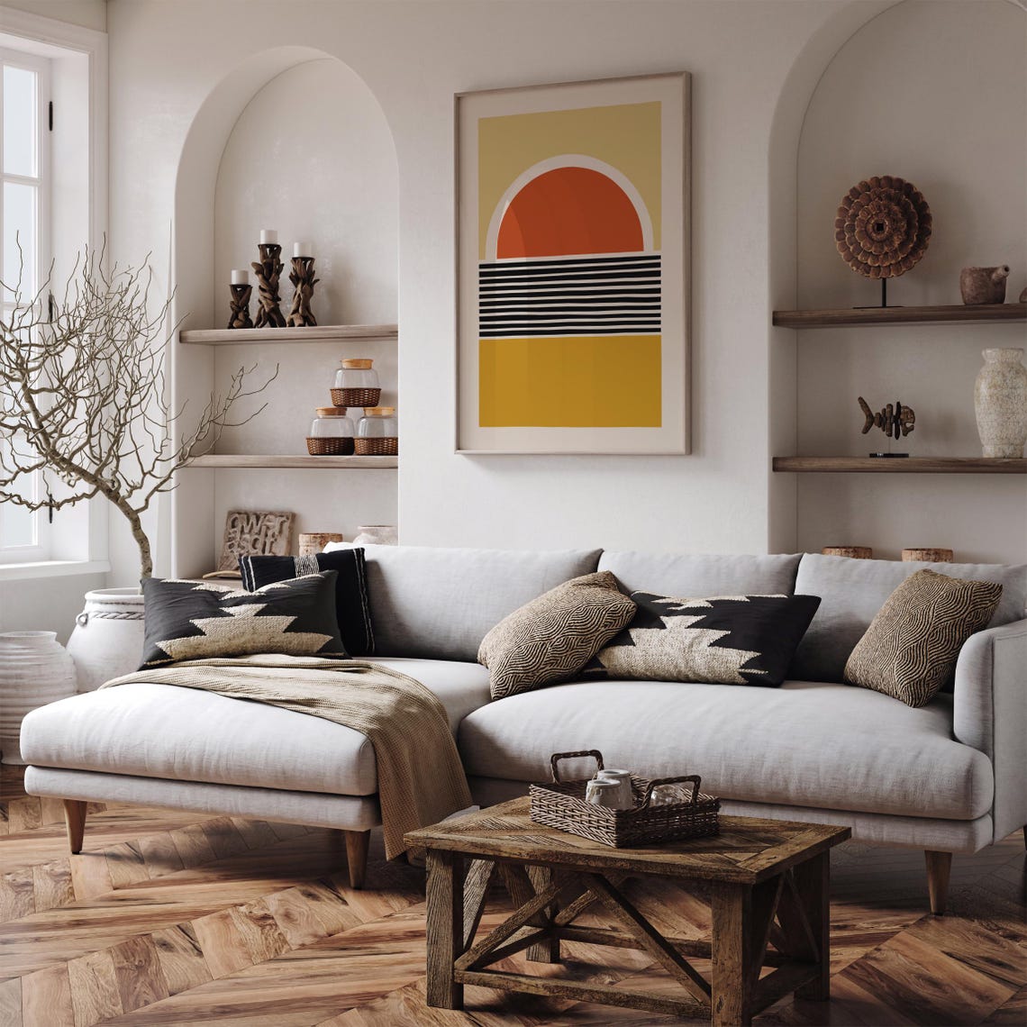Mid Century Modern Geometric Sun Rising Over Striped Sea Poster - Image 5