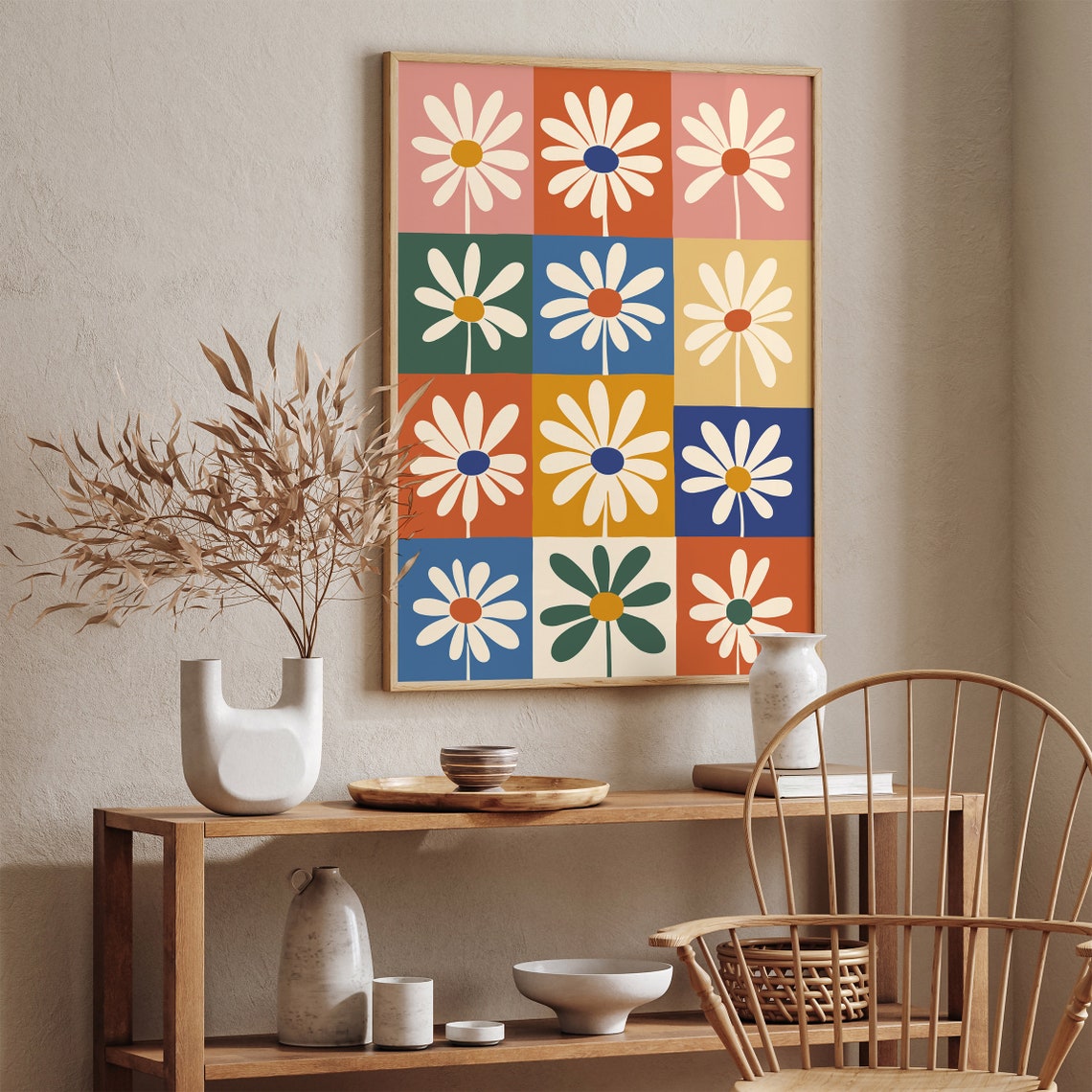 Colorful Daisy Grid Mid Century Modern Retro Floral Pop Art Poster - Image 2