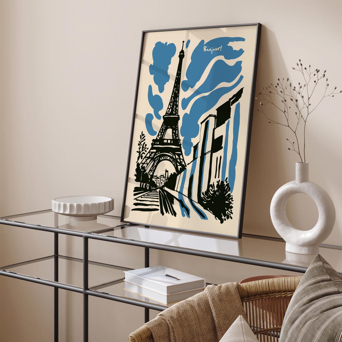 Bonjour Paris Eiffel Tower Blue Ink Modern Travel Art Poster - Image 4